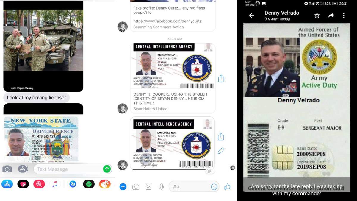 These images show fake military credentials featuring images of Bryan Denny, a real U.S. military veteran.