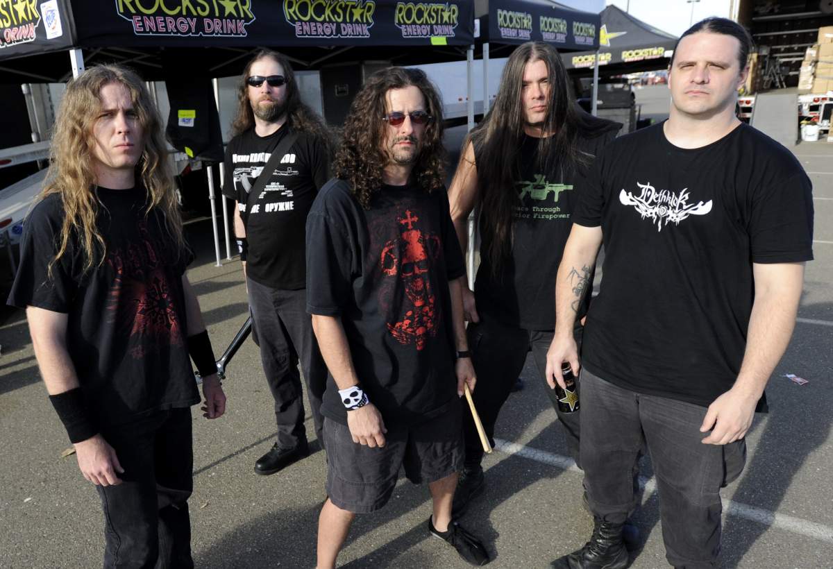 (L-R) Alex Webster, Pat O’Brien, Paul Mazurkiewicz, Rob Barrett, and George “Corpsegrinder” Fisher of Cannibal Corpse on July 10, 2009 in Wheatland, Calif.