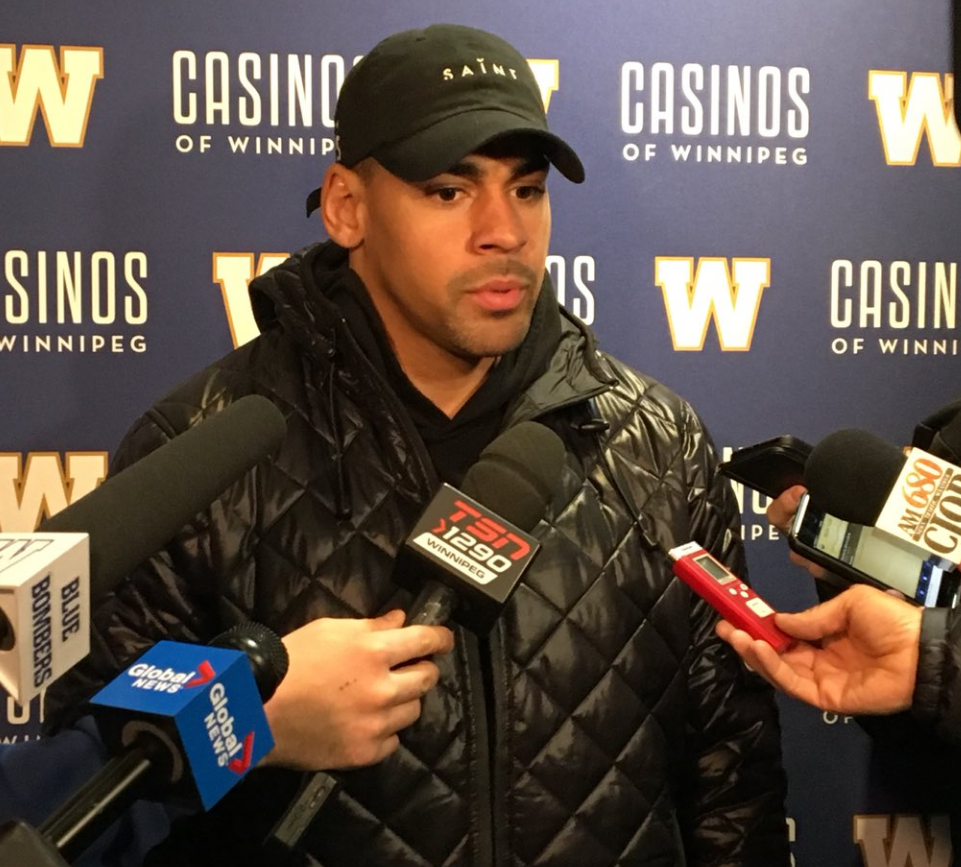 RB Andrew Harris speaking with media at the Bombers team store on Tuesday afternoon.