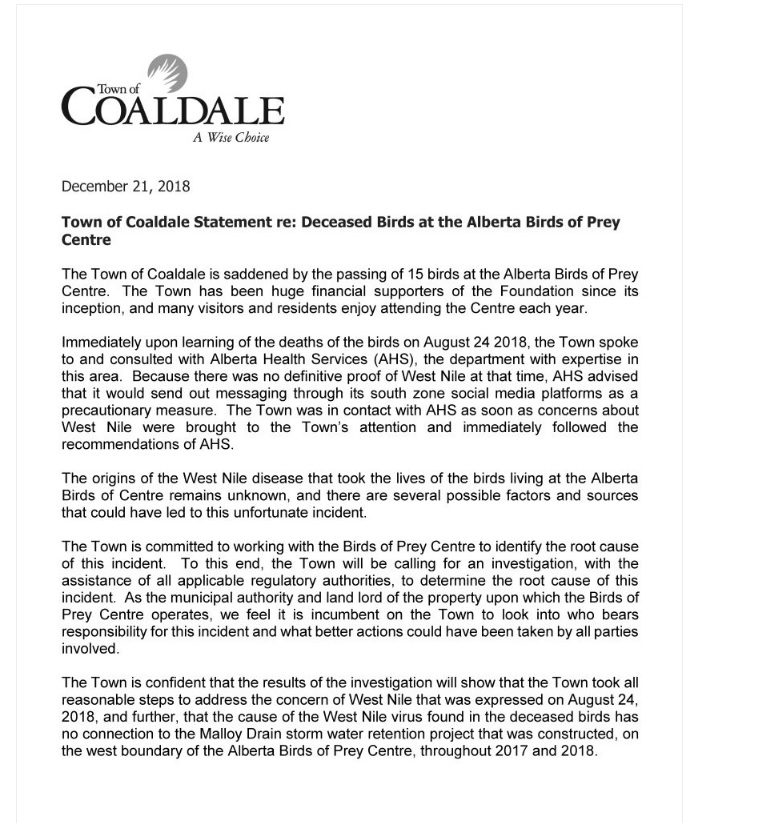 Town of Coaldale’s release regarding the Birds of Prey Centre