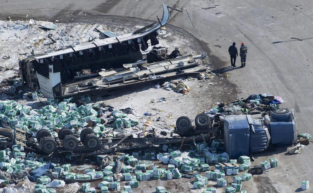 The wreckage of a fatal bus crash carrying members of the Humboldt Broncos hockey team is shown outside of Tisdale, Sask., on April, 7, 2018.