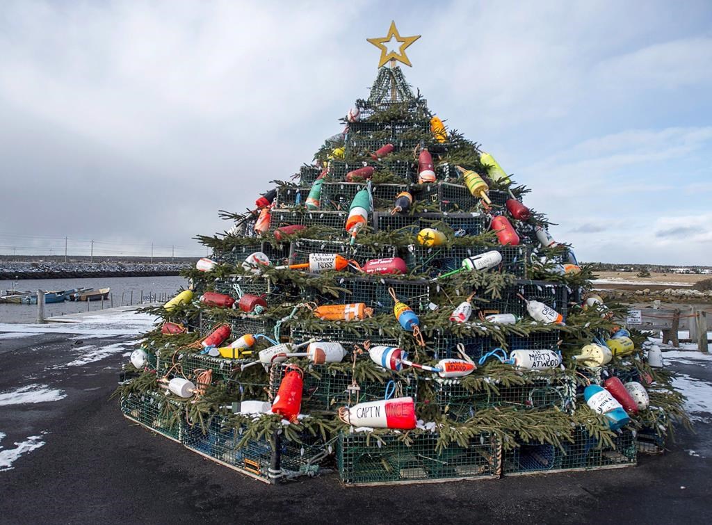 A Christmas tree made of lobster traps is seen on Cape Sable Island, on Nova Scotia's South Shore, on December 11, 2016.