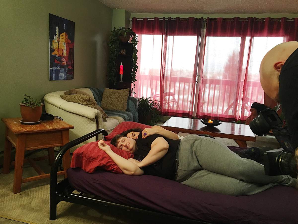 Professional cuddler Gillian Caldwell and client Chantal Piche