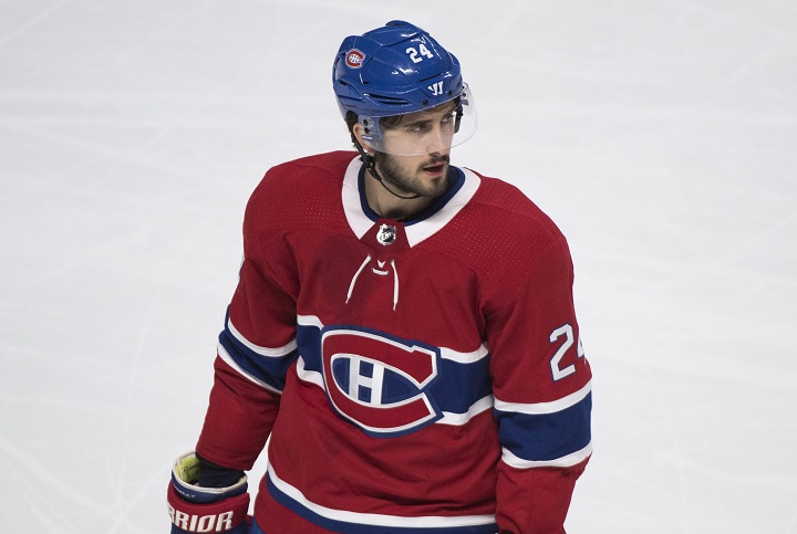 Montreal Canadiens' Phillip Danault looks on during an NHL hockey game against the Pittsburgh Penguins in Montreal, Saturday, October 13, 2018.  
