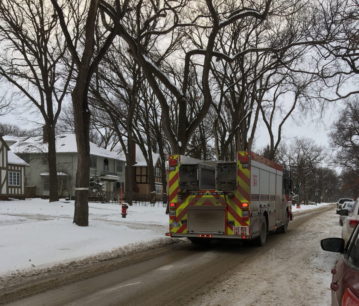 A fire truck leaves the scene Wednesday morning in the 200 block of Waverley Street.