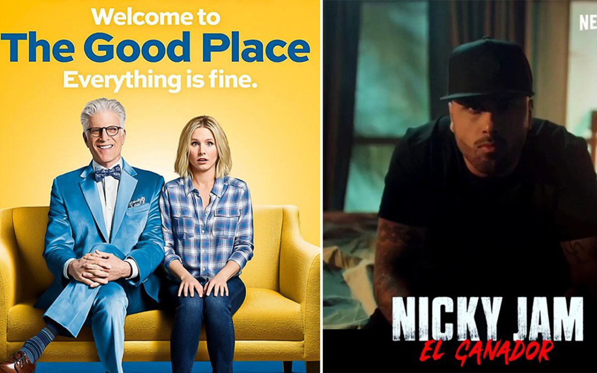 (L-R): 'The Good Place' on Global TV and 'Nicky Jam: El Ganador' on Netflix.