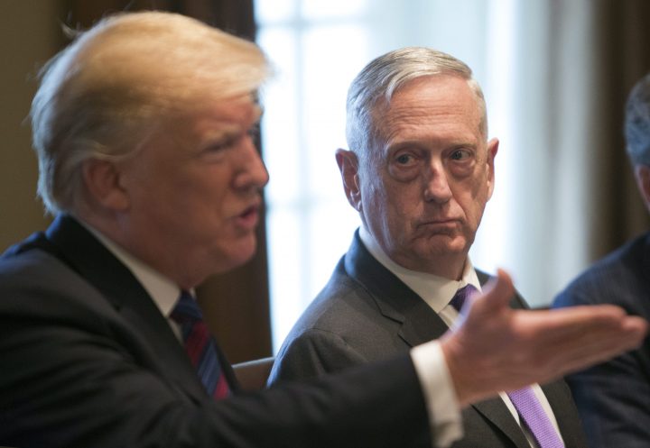U.S. Secretary of Defence James Mattis listens to U.S. President Donald J. Trump speaking during a luncheon at the White House in Washington, D.C., on April 3, 2018.