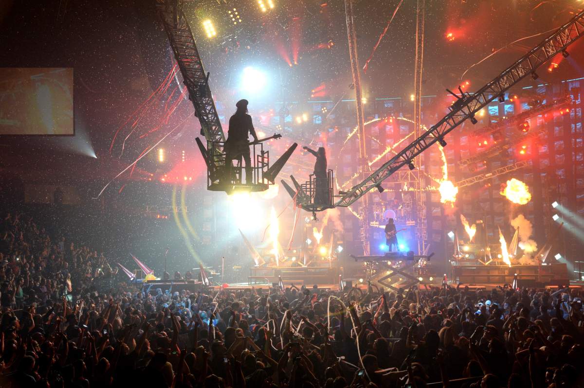 Mötley Crüe perform onstage during its final tour, ‘All Good Things Must Come To An End’ at Barclays Center of Brooklyn on Aug. 12, 2015, in New York City.