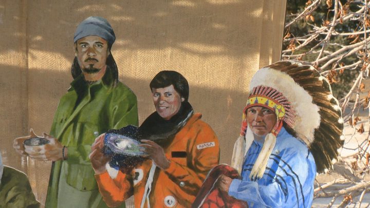 The nativity scene has wise men depicted as folk musician and poet Michael Franti, Canadian astronaut Roberta Bondar and First Nations leader Perry Bellegarde.