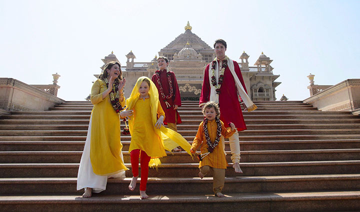 Prime Minister Justin Trudeau and wife Sophie Gregoire Trudeau, and children, Xavier, Ella-Grace, and Hadrien,visit Swaminarayan Akshardham Temple in Ahmedabad, India on Monday, Feb. 19, 2018.