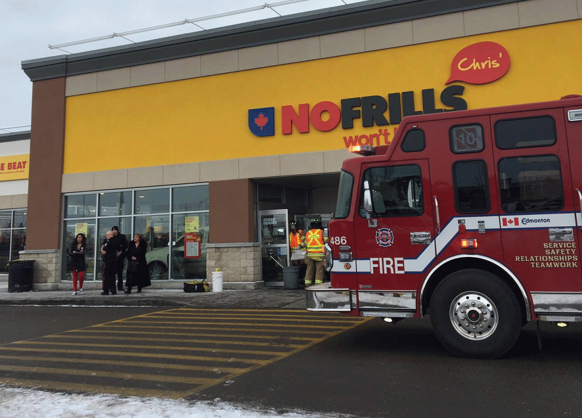 Emergency crews are at the scene of a north Edmonton grocery store after a vehicle crashes into the front entrance, Sunday, Dec. 23, 2018. 