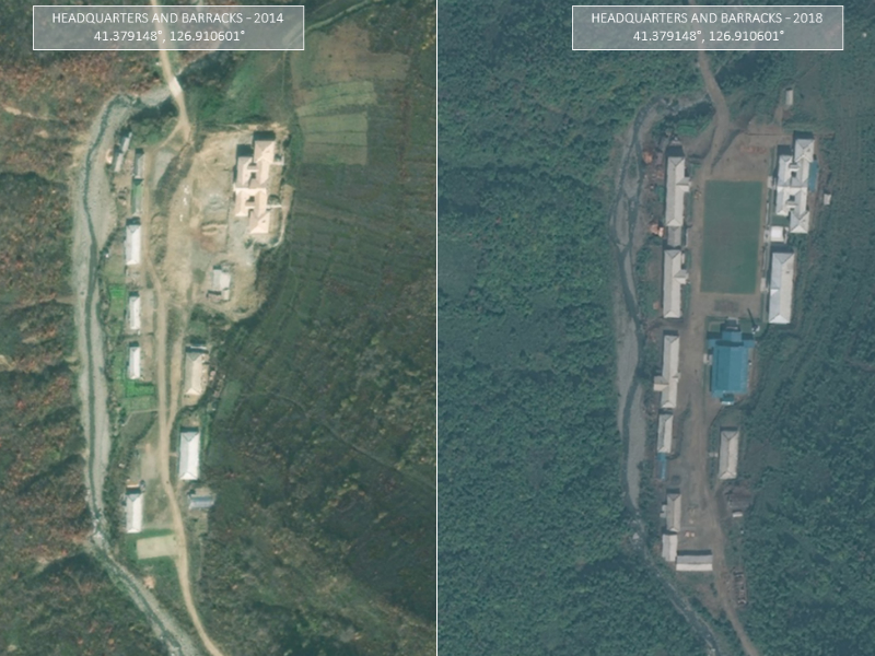 Side-by-side images show evidence of the construction of a headquarters at the North Korean missile base near Hoejong-ni in 2014 and 2018.