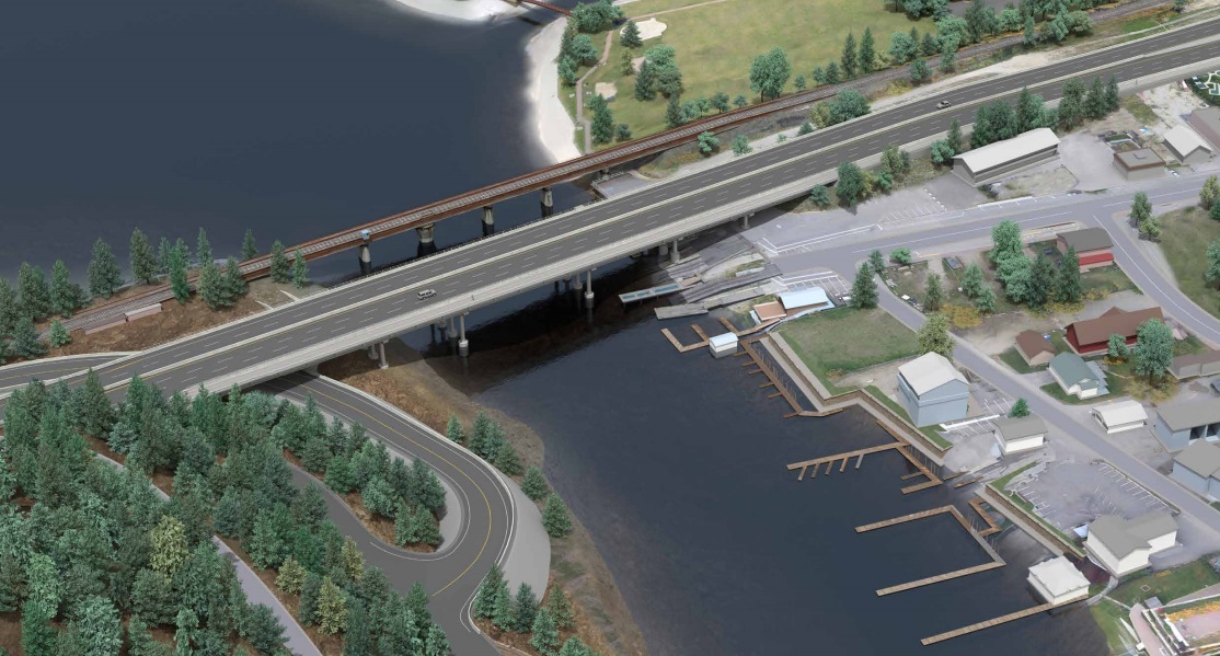 An artists rendering of the one bridge option for replacing Sicamous’ Bruhn Bridge. The province is moving forward with a five-lane, one bridge design like this one.
