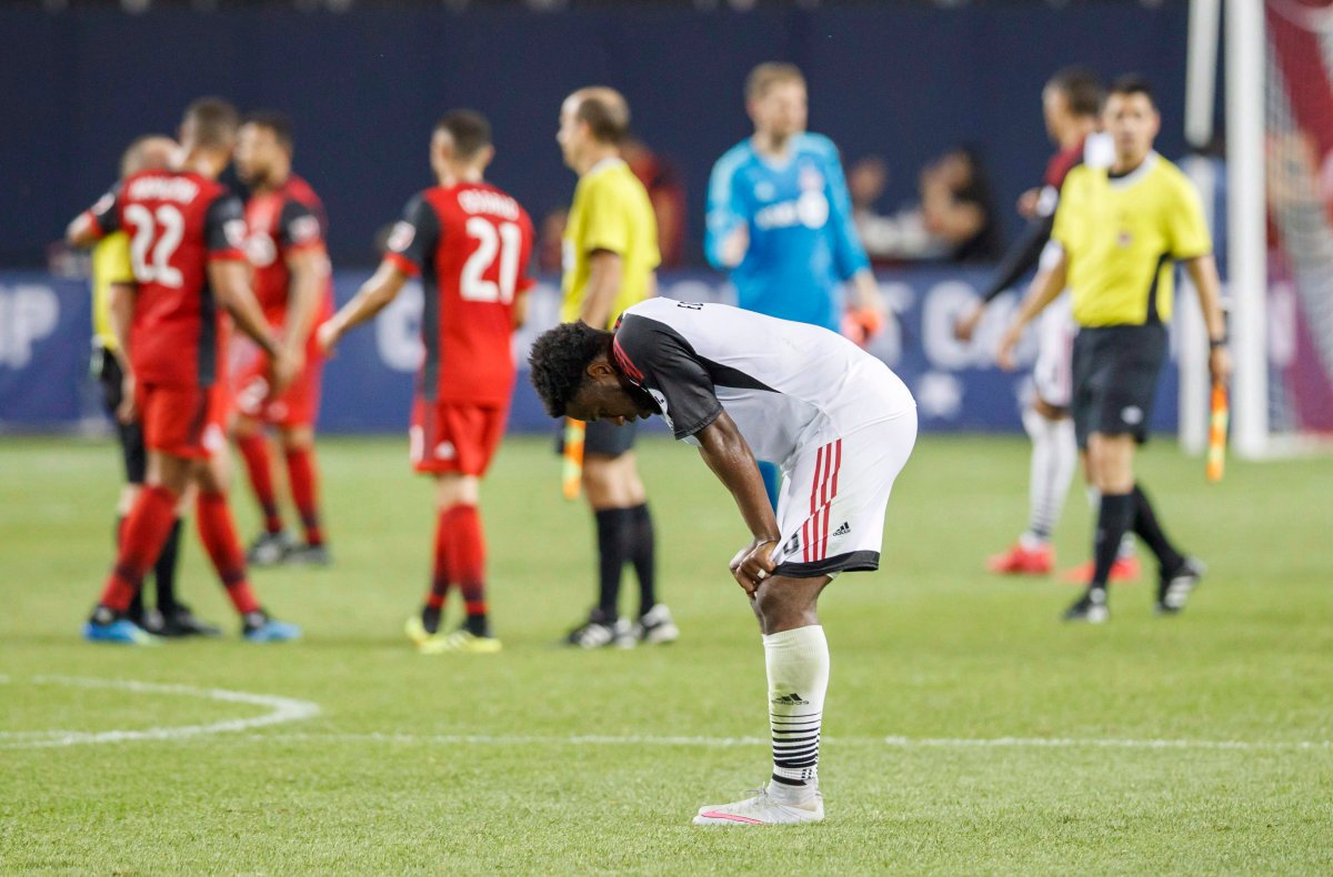 Ottawa Fury FC's Eddie Edward reacts after his team's loss against the Toronto FC during the second half of Canadian Championship soccer action in Toronto, Wednesday July 25, 2018.