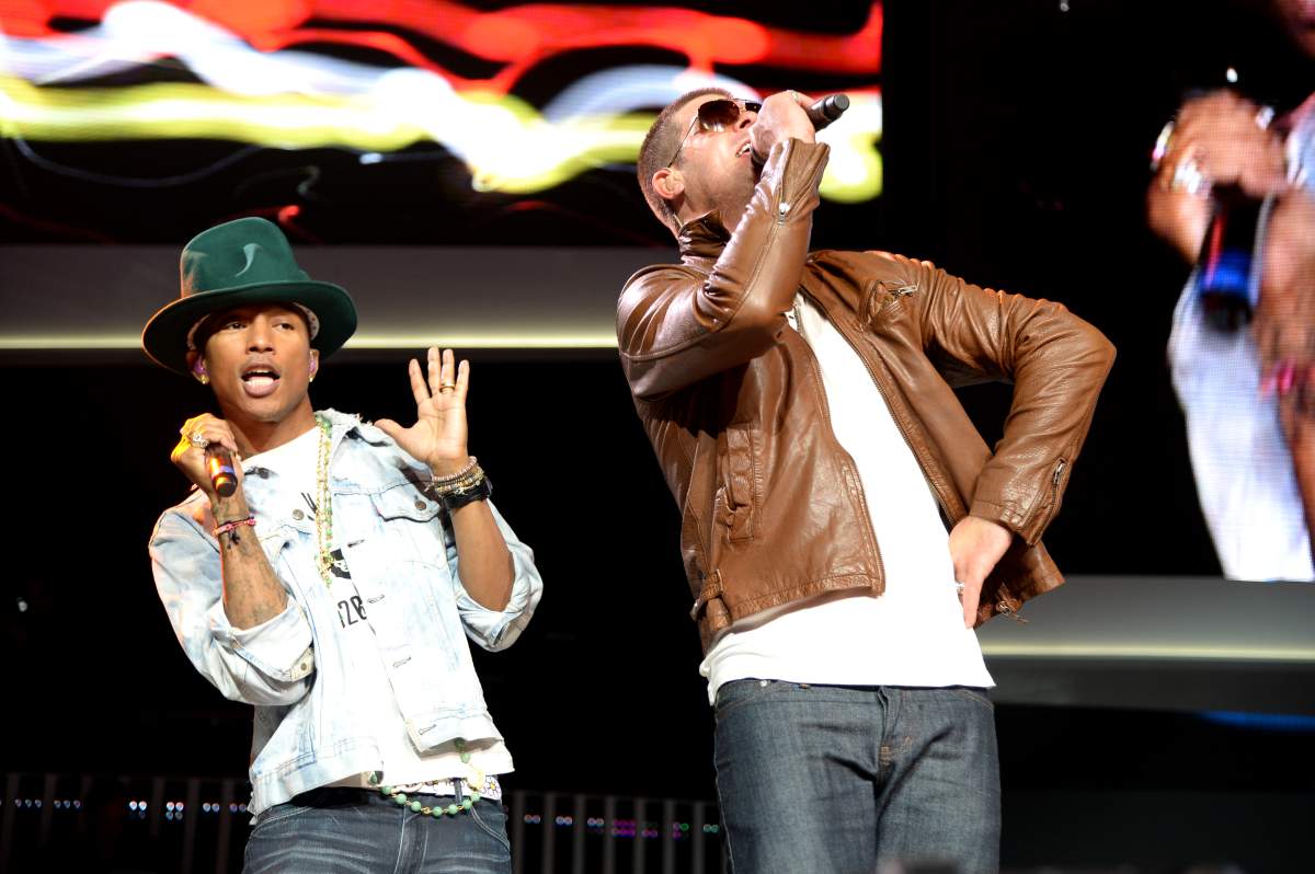 Pharrell Williams and Robin Thicke perform during the Walmart 2014 annual shareholders meeting on June 6, 2014 at Bud Walton Arena in Fayetteville, Ark.