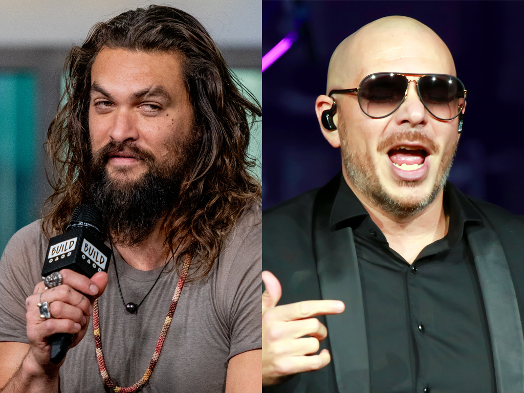 (L-R) Jason Momoa and Pitbull.