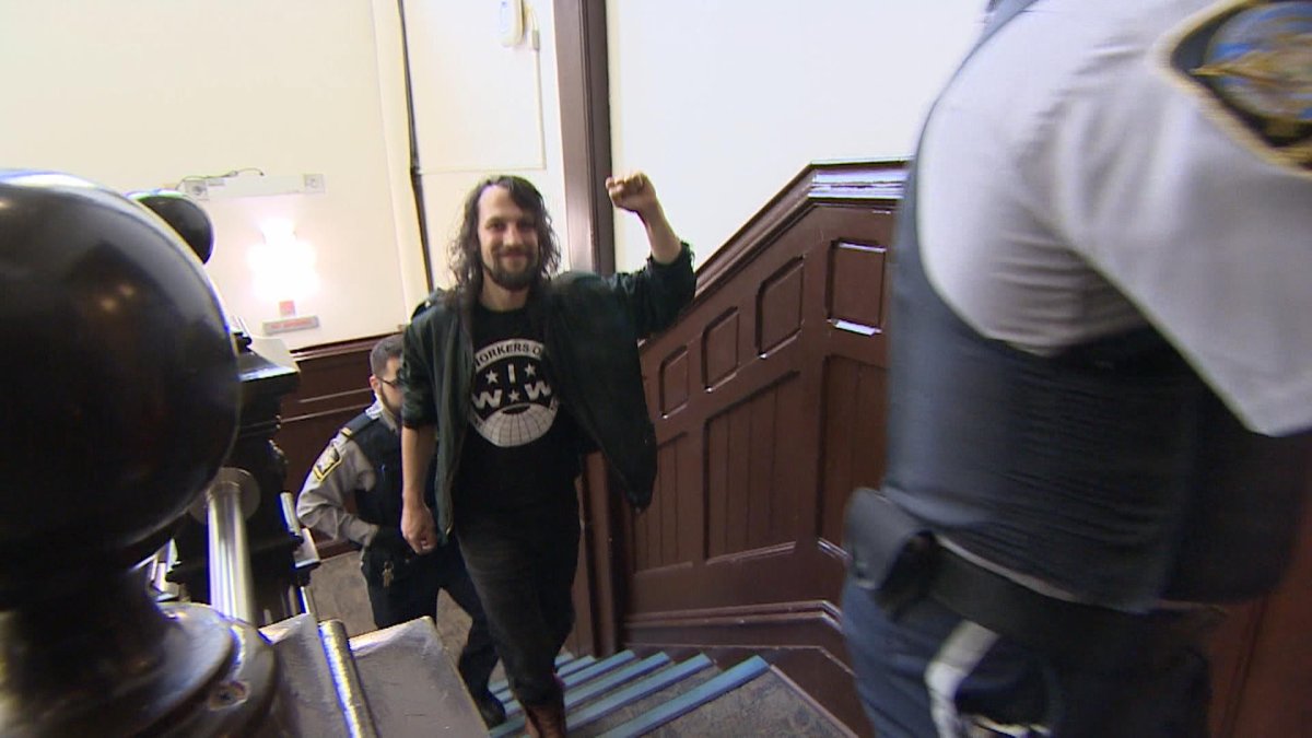 One of the protesters arrested at a Canada Post facility in Halifax appears in court on Dec. 3, 2018. 