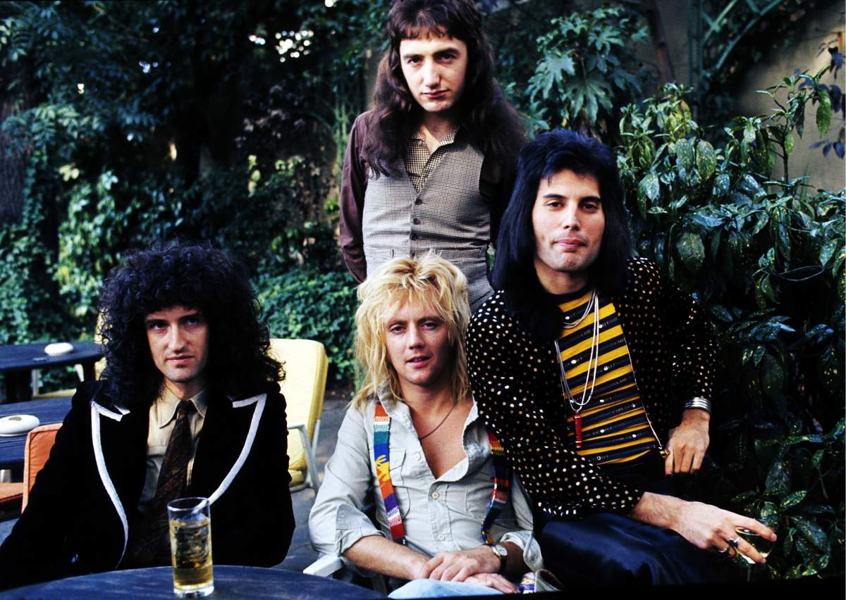 (L-R) Brian May, John Deacon, Roger Taylor and Freddie Mercury at Les Ambassadeurs on Sept. 8, 1976, in London, England.