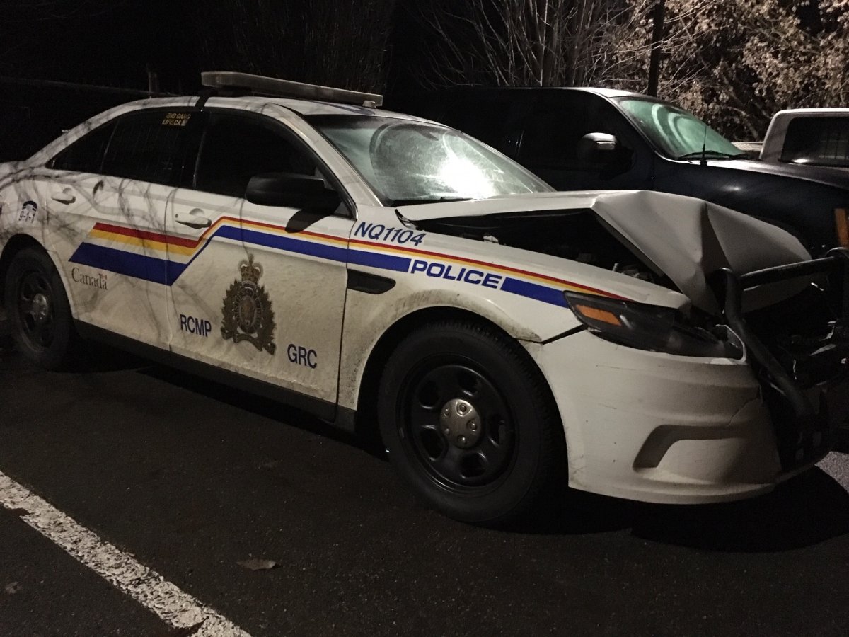 The four RCMP vehicles that were damaged in Enderby Monday remain at the police station in the North Okanagan town. 