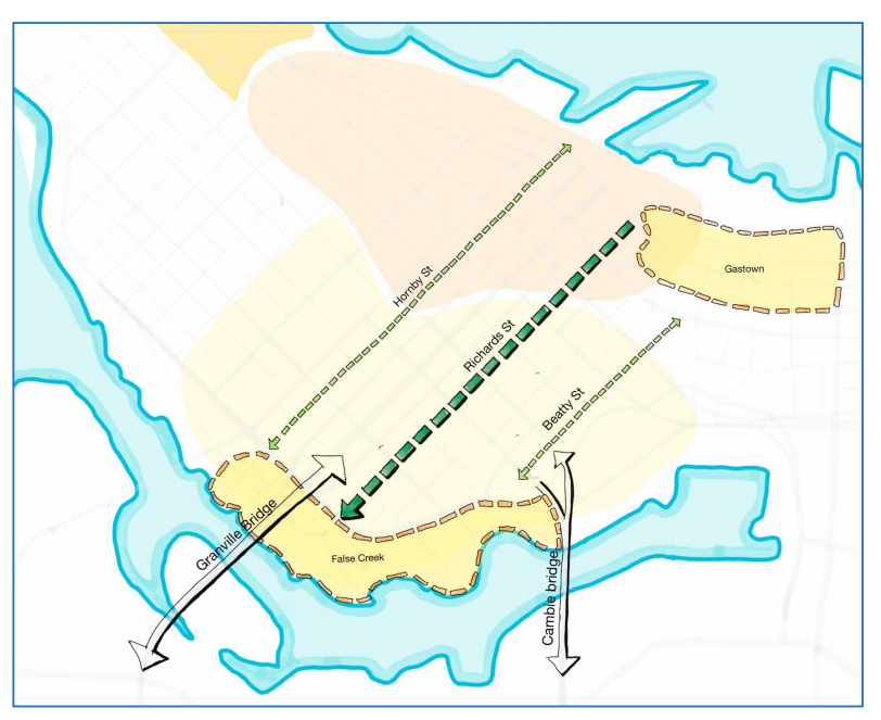 An illustration showing the proposed separated lane and the existing separated lanes on Hornby Street and Beatty Street.