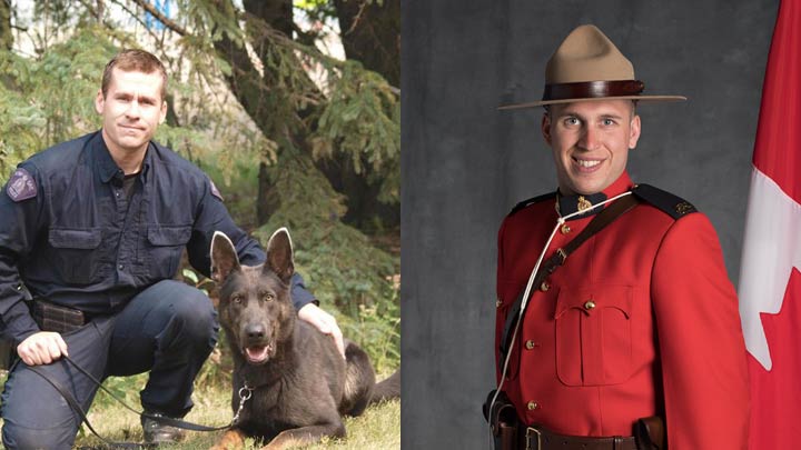 North Battleford RCMP Cpl. Colin Pyne (left) and his partner, a police dog named Soap, joined Onion Lake RCMP Cst. Michael Page (right) in the search for the suspect.
