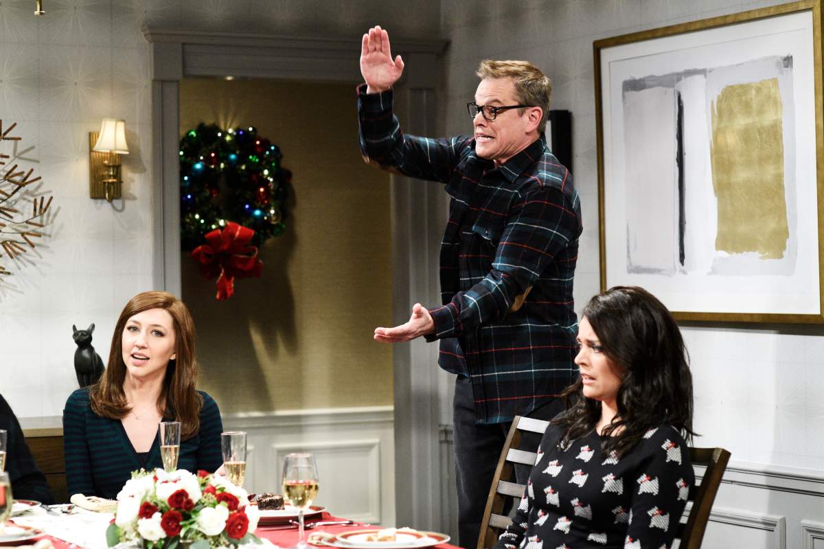 (L-R) Heidi Gardner, host Matt Damon, and Cecily Strong during the ‘Weezer’ sketch in Studio 8H on Dec. 15, 2018.