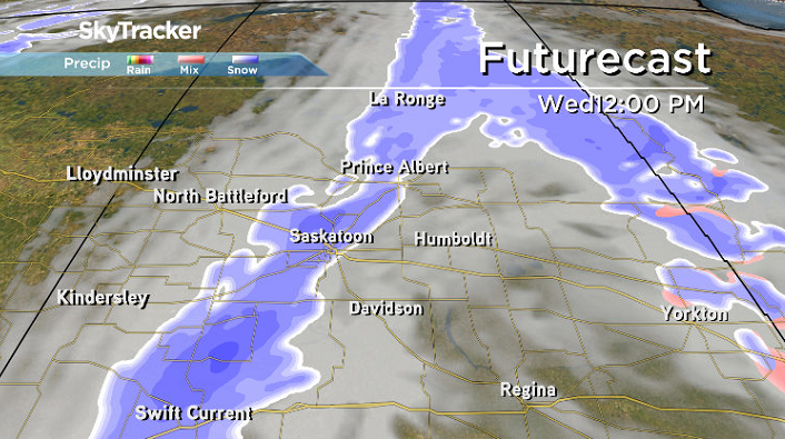 Snow will swing into the Saskatoon area on Wednesday along a cold front.