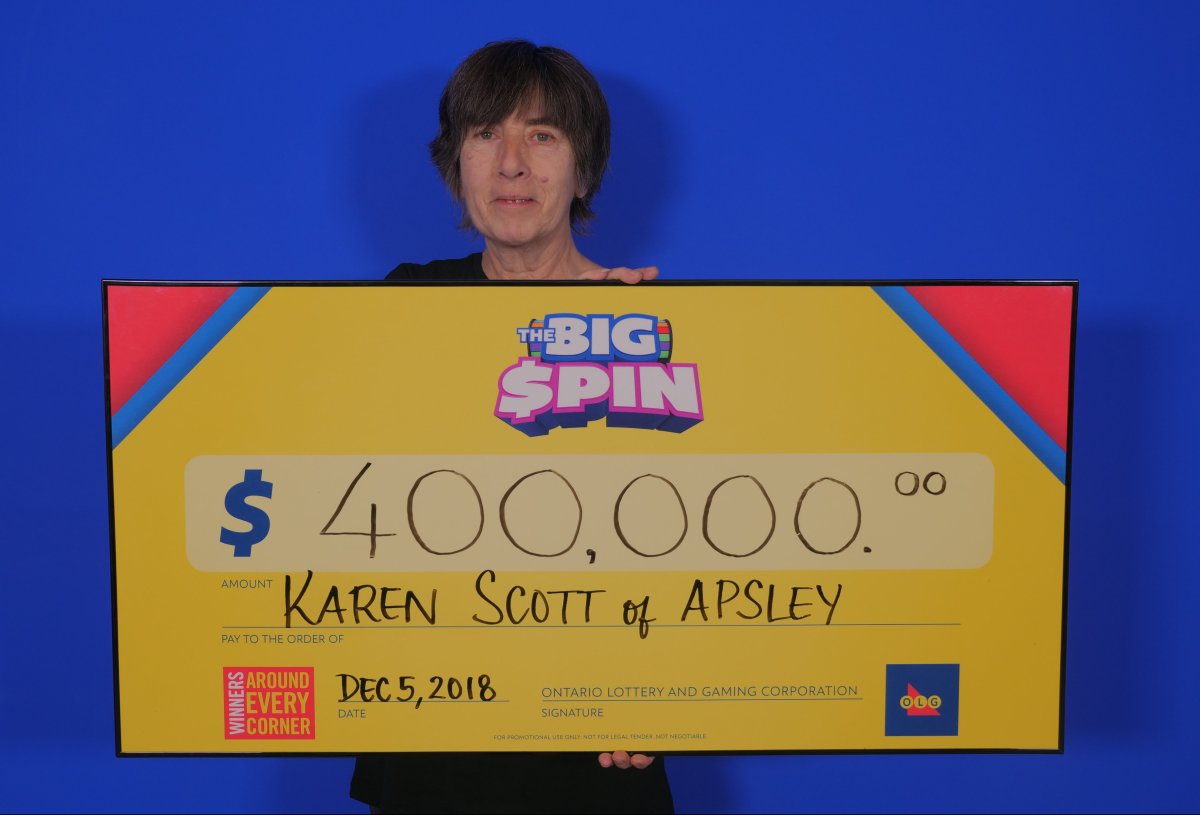 Karen Scott of Apsley, claimed $400,000 on the OLGs The Big Spin Instant game.