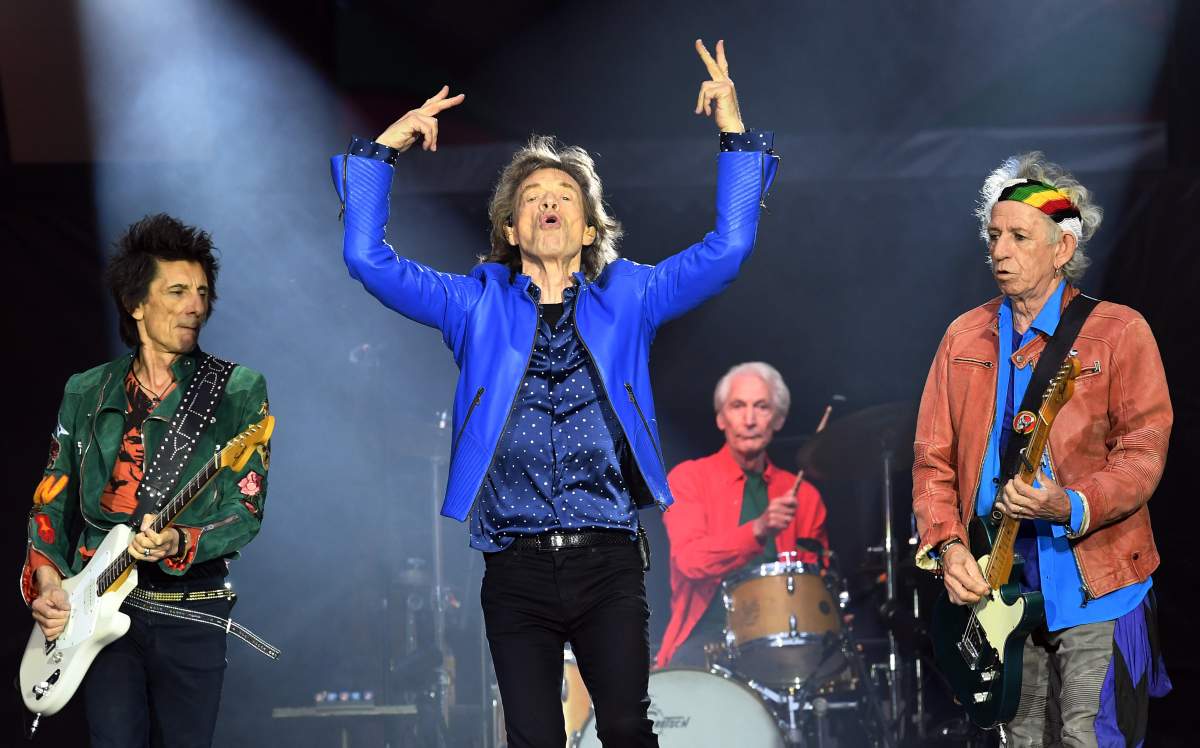 (L-R) Ronnie Wood, Mick Jagger, Charlie Watts and Keith Richards of The Rolling Stones perform at the Principality Stadium on June 15, 2018, in Cardiff, Wales.