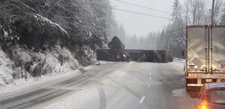 A flipped semi blocked traffic on the Trans-Canada Highway near Mount Revelstoke National Park. It was one of two accidents along the Trans-Canada on Tuesday afternoon.
