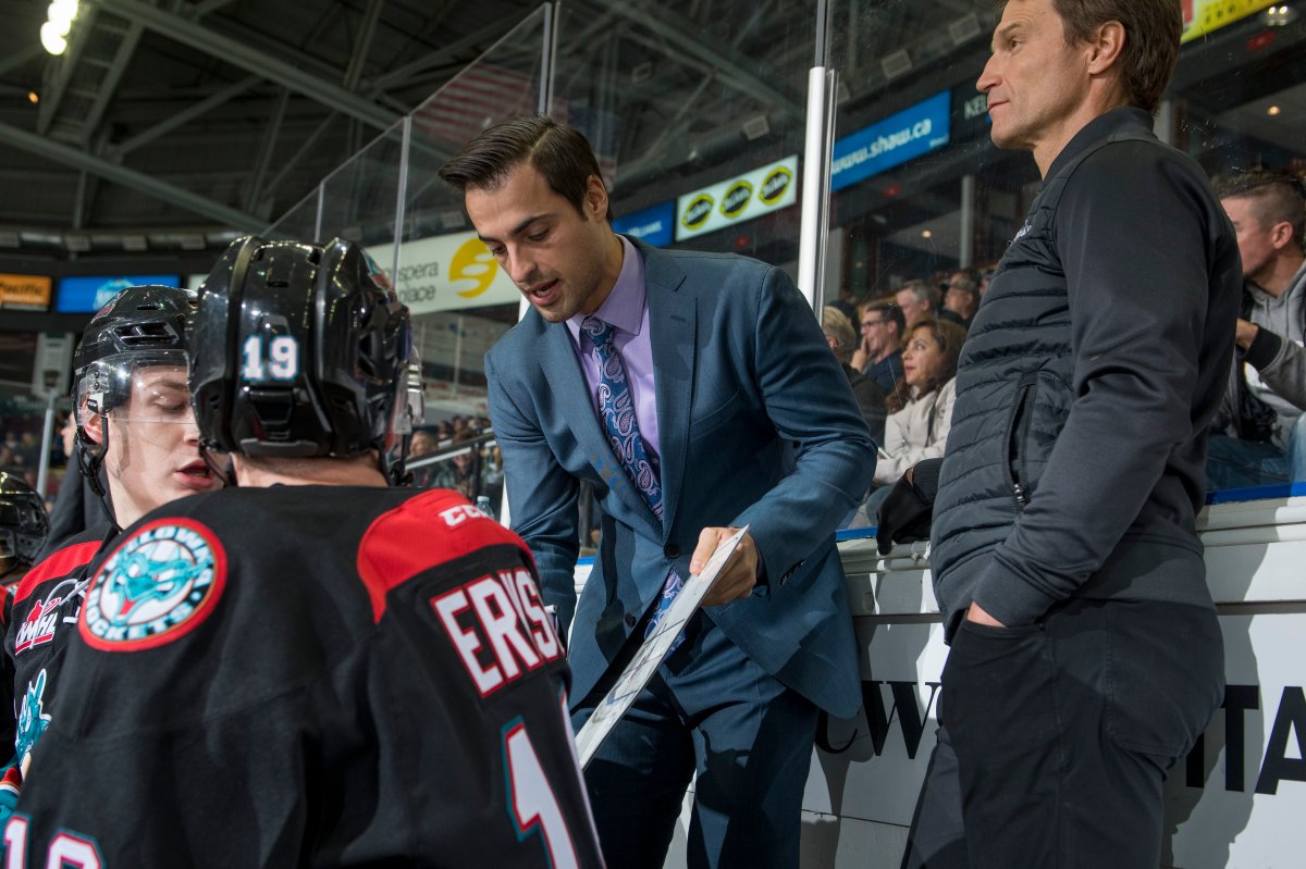 The Kelowna Rockets said they had "mutually parted ways" with assistant coach Travis Crickard, seen in this Oct. 5, 2018 file photo.  