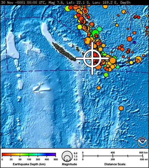 This map shows the location of a tsunami alert in the South Pacific near New Caledonia on Dec. 5, 2018.