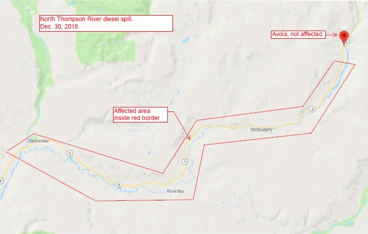 Interior Health said that those who live inside the affected area should not use any water from the North Thompson River if it smells or tastes like fuel. The impacted area is between the spill site 10 km south of Avola and the confluence of the North Thompson and Clearwater Rivers.