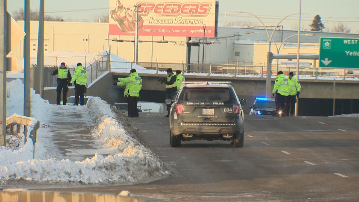 Police investigate a serious crash involving a pedestrian at Yellowhead Trail and 66 Street on Friday, Dec. 7, 2018.