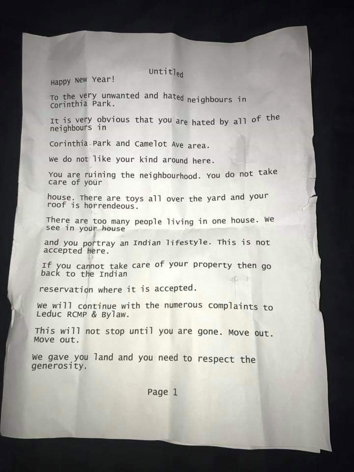 Racist letter tells Leduc family ‘we do not like your kind’ Edmonton