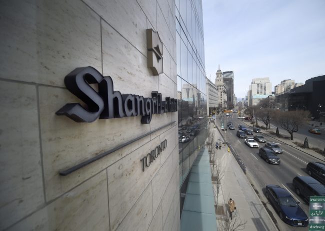 Third floor view of the Shangri-La Hotel signage facing University Avenue in Toronto, March 27 2014.