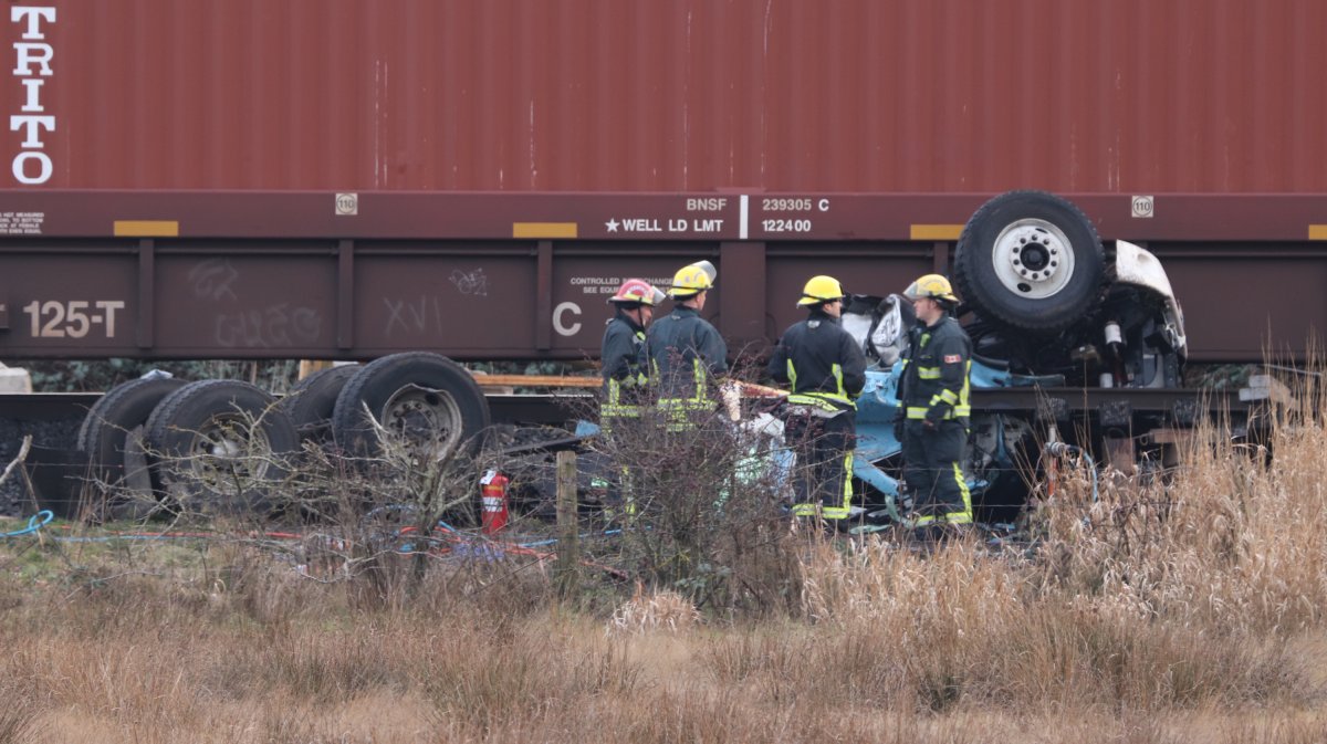 The scene of a collision between a train and a truck in Delta on Saturday.
