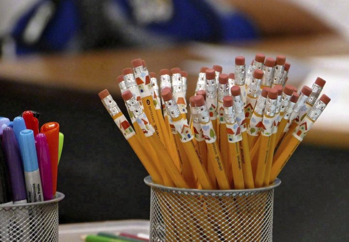 Pencils are at the ready on a teachers desk at Bruns Academy in Charlotte, N.C. on July 24, 2017.