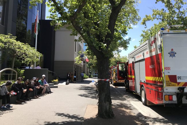 Fire crews are seen outside the Indian Consulate on St Kilda Road in Melbourne, Australia, January 9, 2019. 