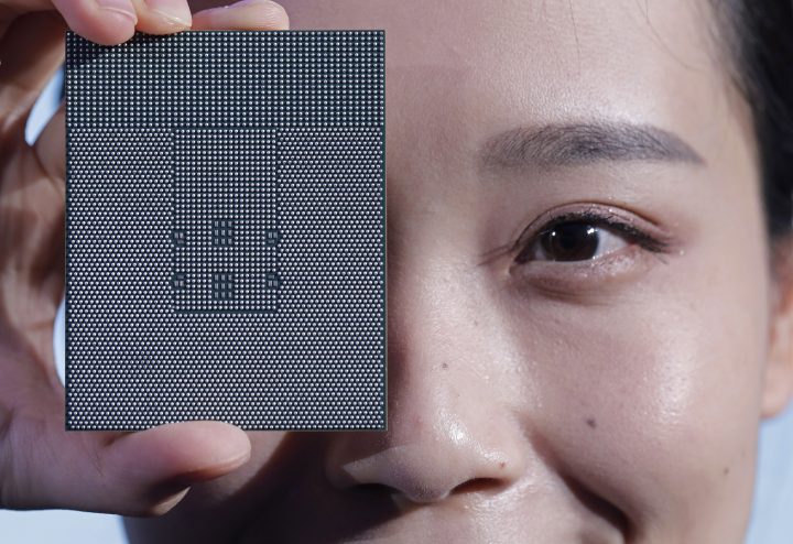 A Kunpeng 920 chip is displayed during an unveiling ceremony in Shenzhen, China, Monday, Jan. 7, 2019. 