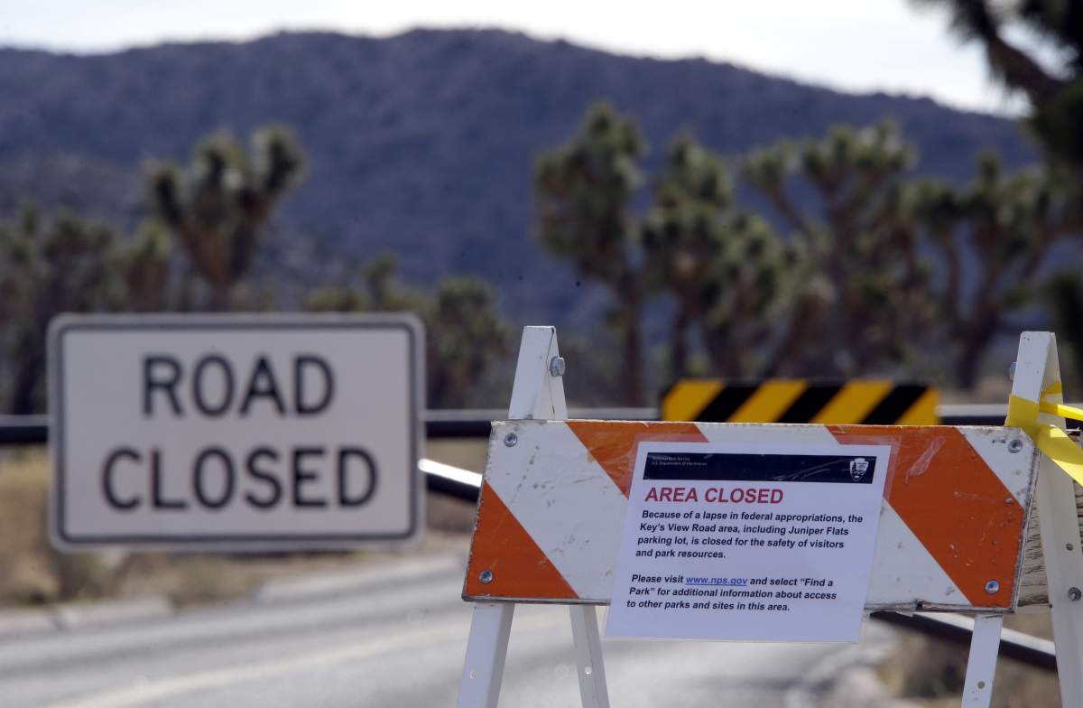 The road accessing Keys View is closed in Joshua Tree National Park, California, on Jan. 8, 2019.