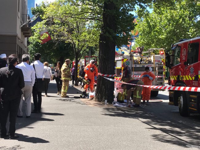 Hazmat and fire crews work outside the Indian and French Consulate in Melbourne, Australia Wednesday, Jan. 9, 2019.