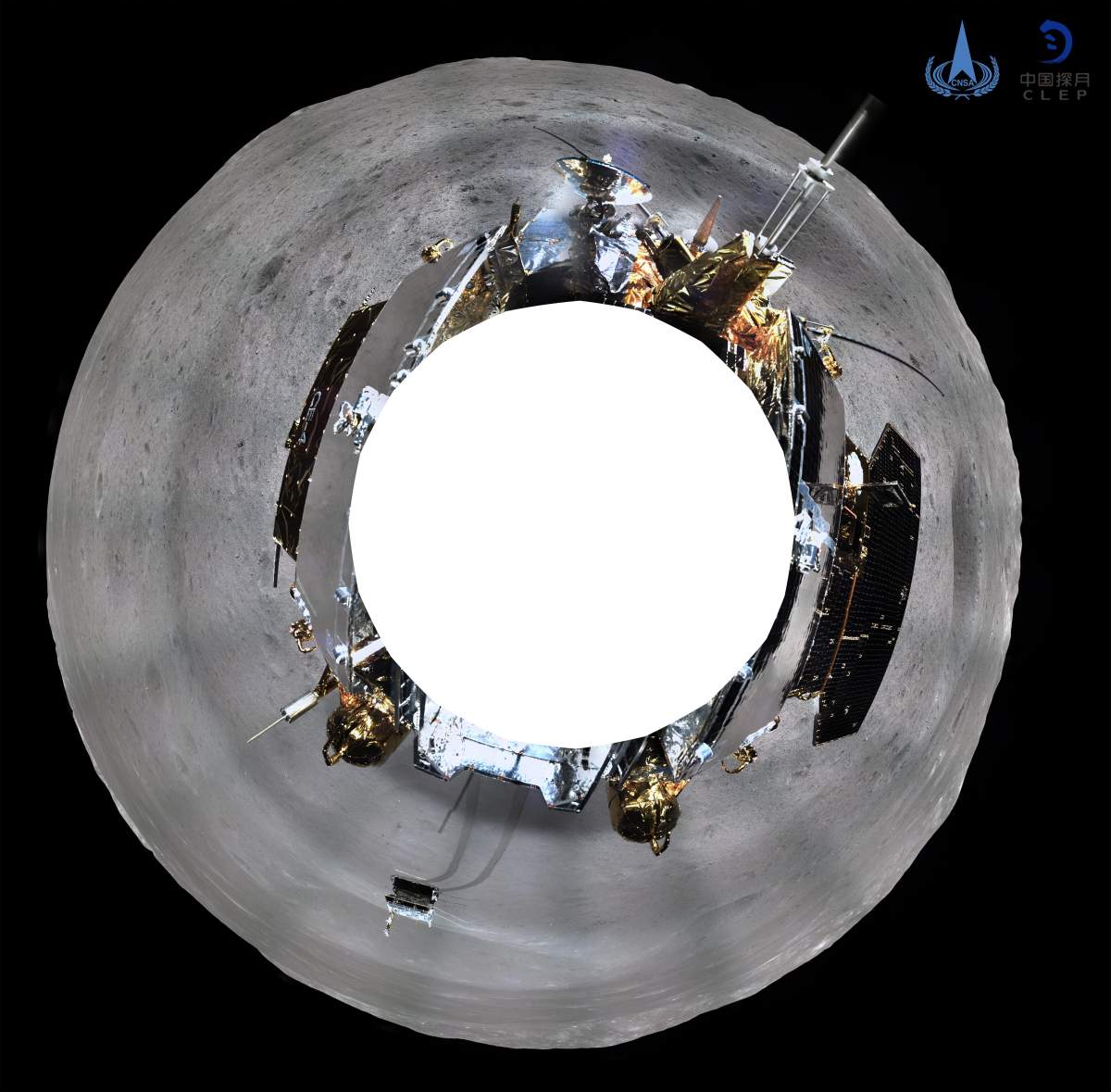 The China National Space Administration on Jan. 11, 2019 releases the 360-degree panoramic photos taken by a camera installed on China’s Chang’e-4 lunar probe (azimuthal projection). China’s Chang’e-4 probe took panoramic photos on the lunar surface after it successfully made the first ever soft-landing on the far side of the moon.