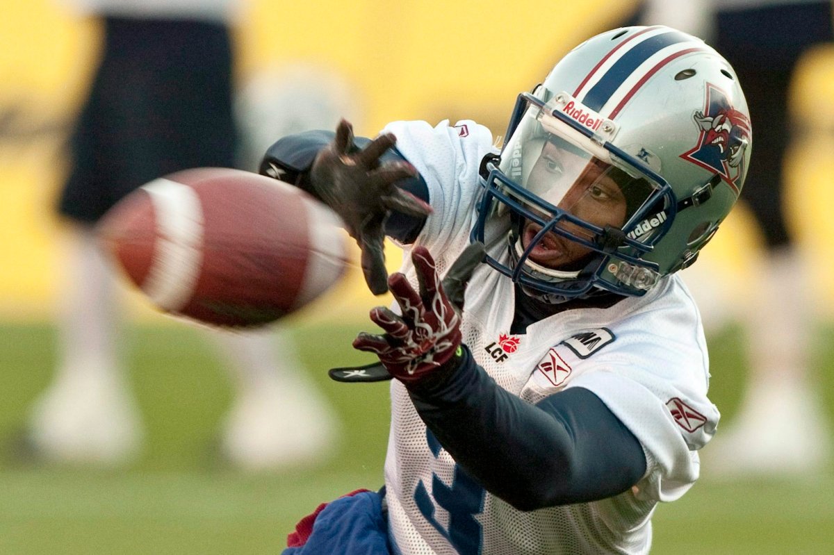 Montreal Alouettes wide receiver Tim Maypray grabs a pass at practice, Friday November 26, 2010 in Edmonton. Tim Maypray, who was a receiver with the Montreal Alouettes during their 2010 Grey Cup season, has died. He was 30. 