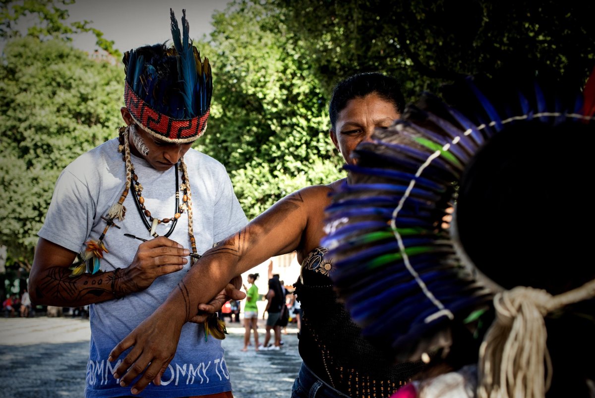 Indigenous people from different groups participate during a demonstration held by indigenous peoples in Manaus, Brazil, 20 January 2019. 

