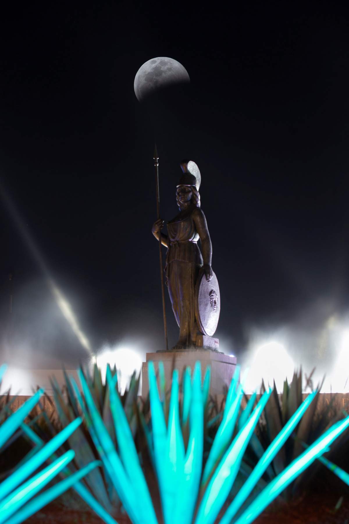 Double exposure photography shows the monument to the Minerva and the moon during the first total lunar eclipse of the year in Guadalajara, Mexico, on Jan. 20, 2019.