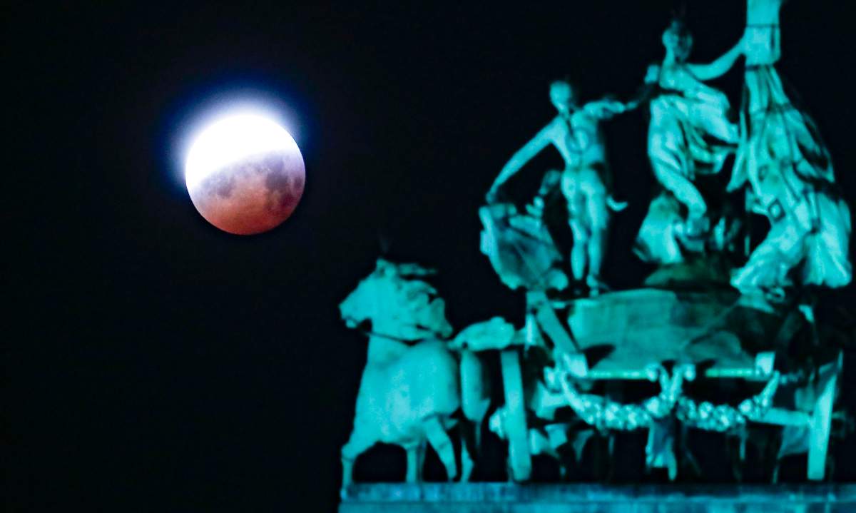 A view of the lunar eclipse pictured in Jubilee Park, in Brussels, Belgium, on Jan. 21, 2019.