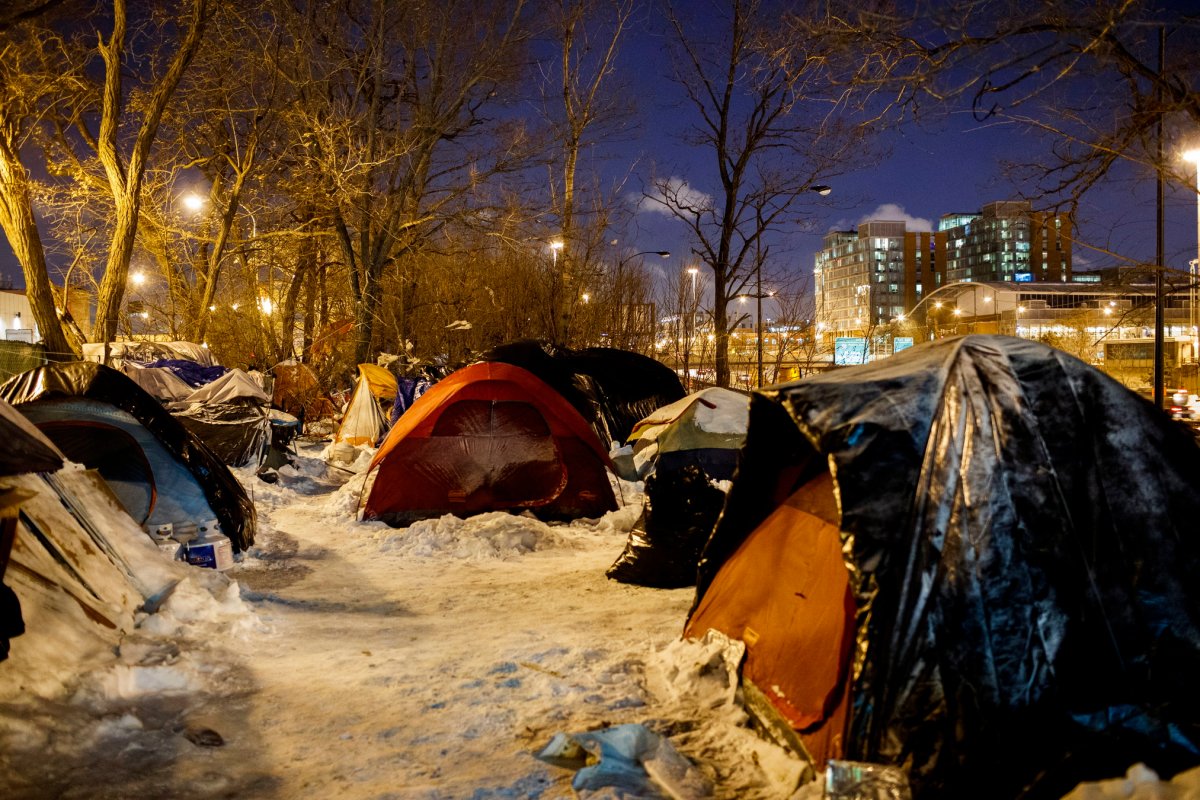 People sleep in tents near a wooded area adjacent to the Dan Ryan Expressway Tuesday Jan. 29, 2019, in Chicago.  Officials throughout the region were focused on protecting vulnerable people from the cold , including the homeless, seniors and those living in substandard housing. (Armando L. Sanchez/Chicago Tribune via AP).