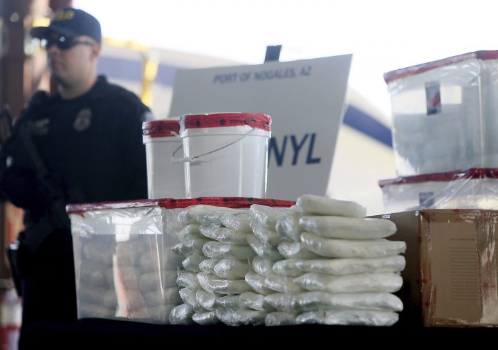 A display of the fentanyl and meth that was seized by Customs and Border Protection officers over the weekend at the Nogales Port of Entry is shown during a press conference Thursday, Jan. 31, 2019, in Nogales, Ariz. 