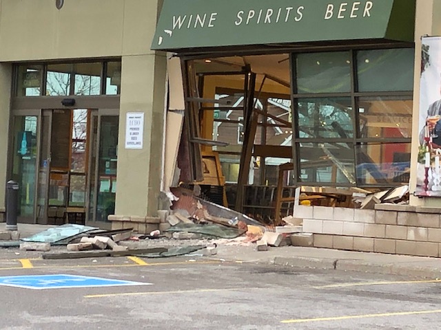 The smashed-in front of the LCBO in Arygle Mall.